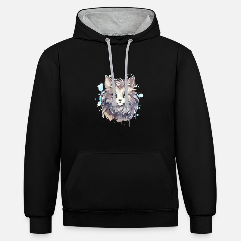 Chat - illustration - Sweat à capuche contrasté - noir/gris chiné
