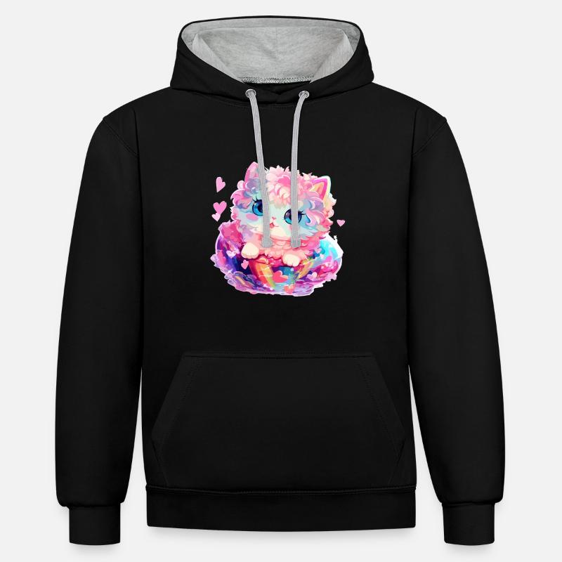 Chat - illustration - Sweat à capuche contrasté - noir/gris chiné
