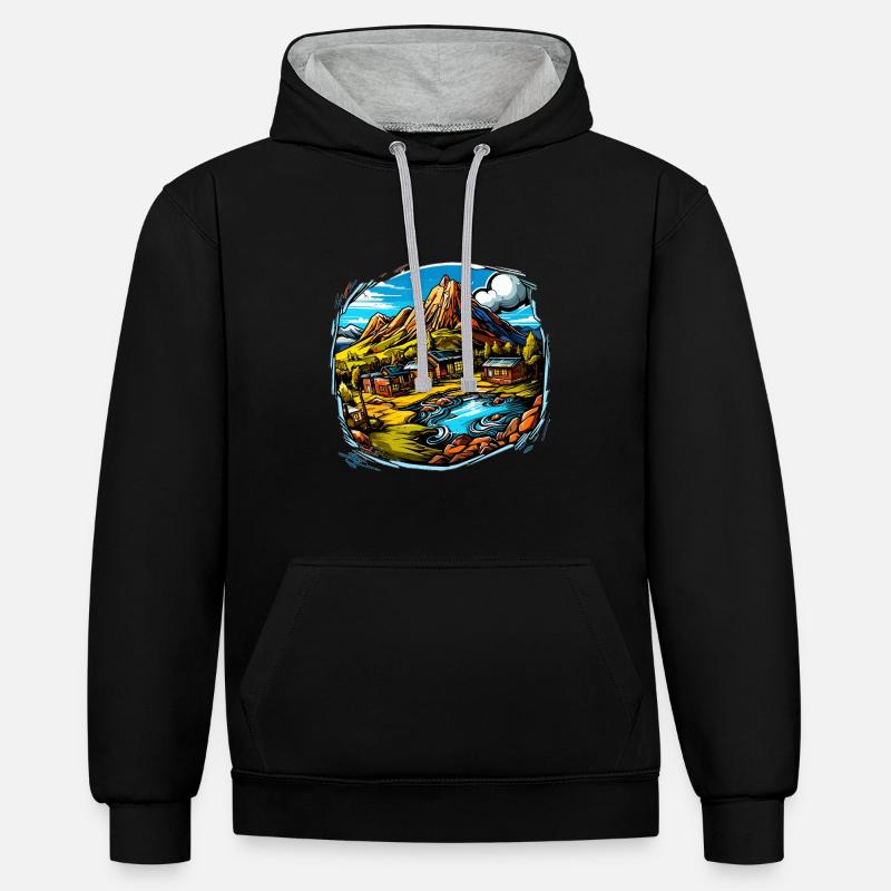 Paysage - Illustration - Sweat à capuche contrasté - noir/gris chiné