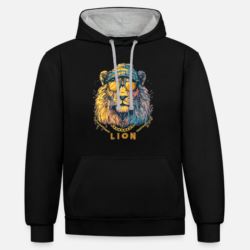 Cool Lion - Sweat à capuche contrasté - noir/gris chiné