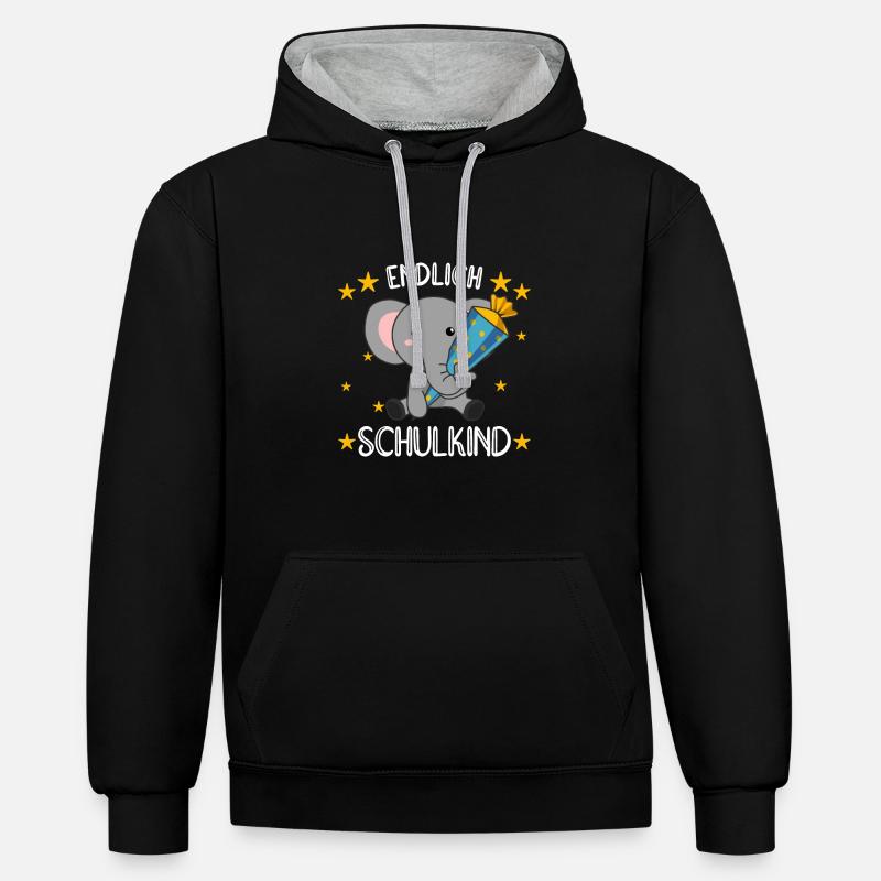endlich Schulkind Einschulung Schule Elefant - Kontrast-Hoodie - Schwarz/Grau meliert