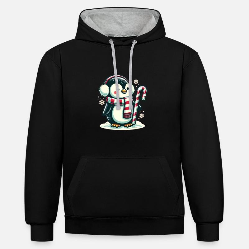 Pingouin Noël Animaux Pingouins mignons - Sweat à capuche contrasté - noir/gris chiné