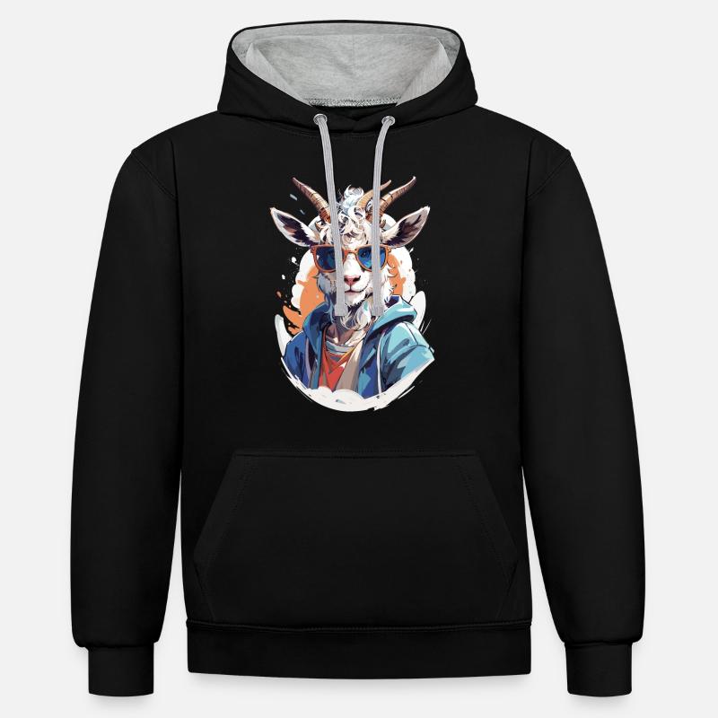 Chèvre avec lunettes de soleil - Sweat à capuche contrasté - noir/gris chiné