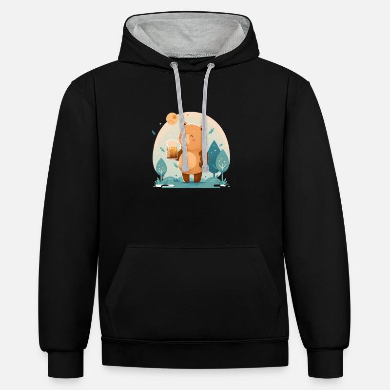 doux ours heureux avec bière - Sweat à capuche contrasté - noir/gris chiné