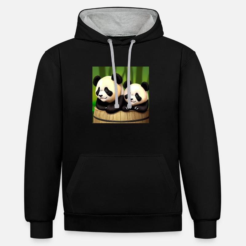 De mignons pandas à l’aventure ! 🍃 - Sweat à capuche contrasté - noir/gris chiné