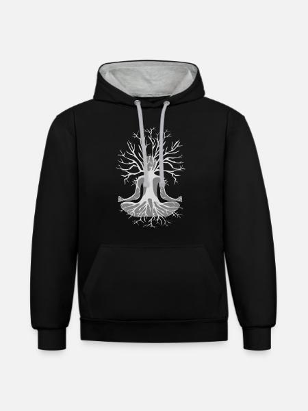 Meditation Baum - Kontrast-Hoodie - Schwarz/Grau meliert