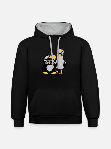 Möwe Pinguin 2 Freunde - Kontrast-Hoodie - Schwarz/Grau meliert