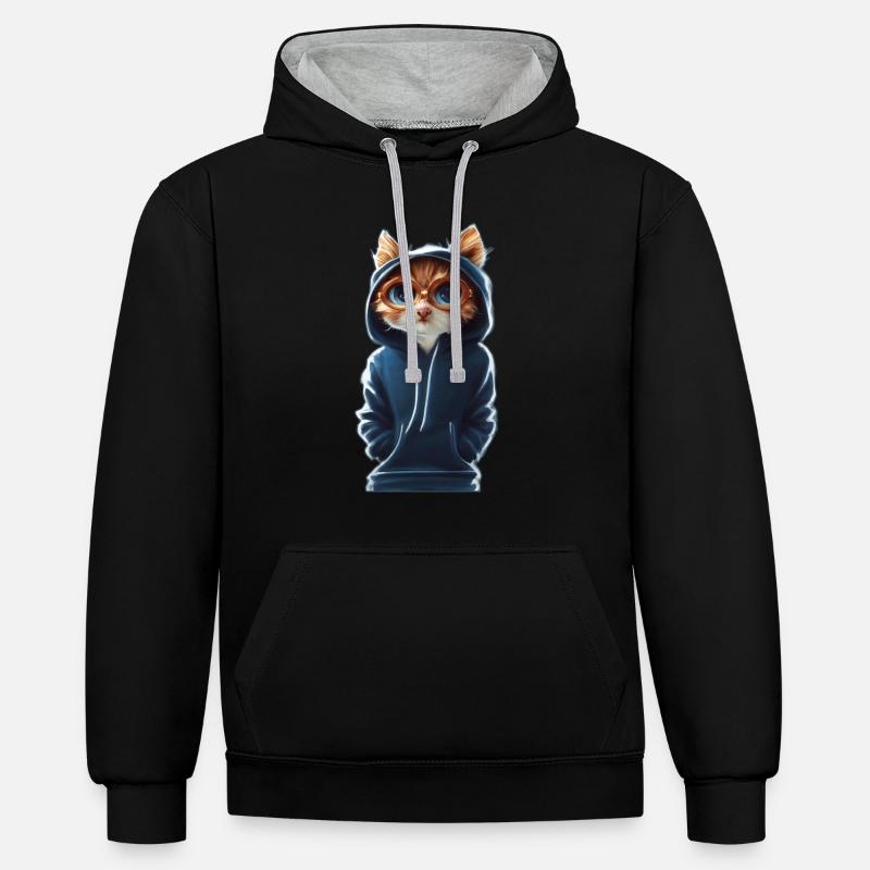 Katze mit Pulli 2 - Kontrast-Hoodie - Schwarz/Grau meliert