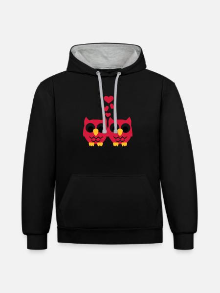 Eule Liebe - Kontrast-Hoodie - Schwarz/Grau meliert