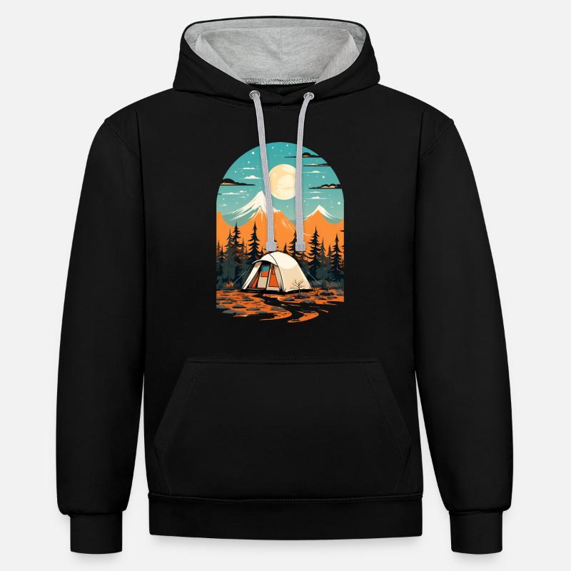 Conception de camping rétro - Sweat à capuche contrasté - noir/gris chiné