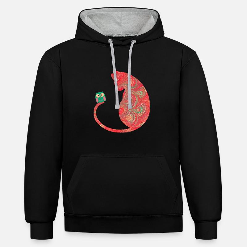 katze mit eule e 91 - Kontrast-Hoodie - Schwarz/Grau meliert