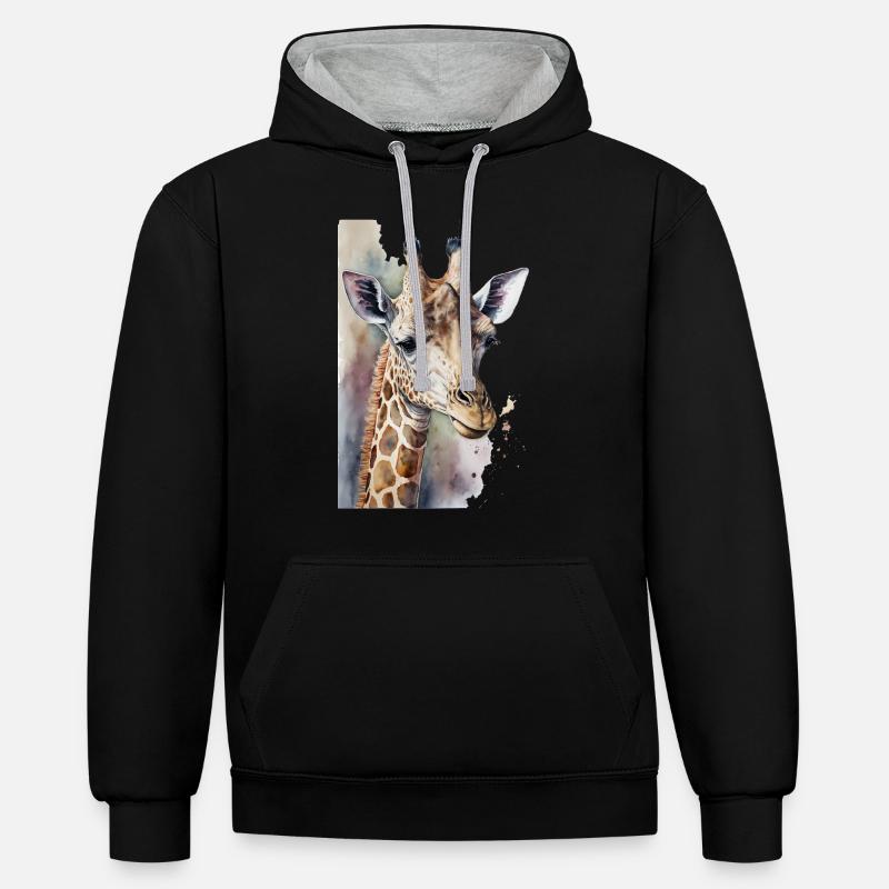 Girafe Aquarelle - Sweat à capuche contrasté - noir/gris chiné
