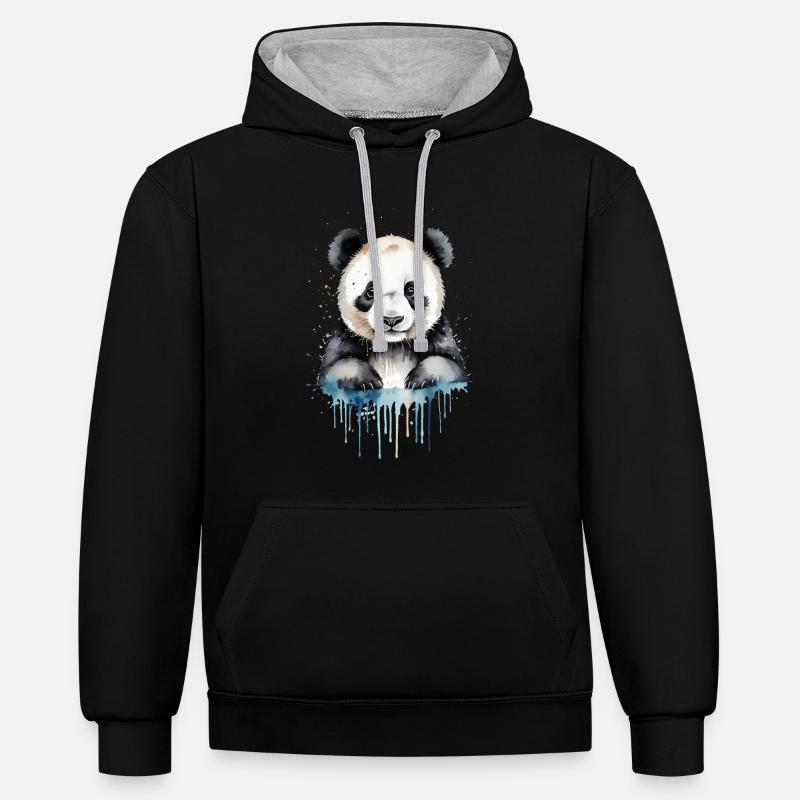Panda Ludique Aquarelle - Sweat à capuche contrasté - noir/gris chiné
