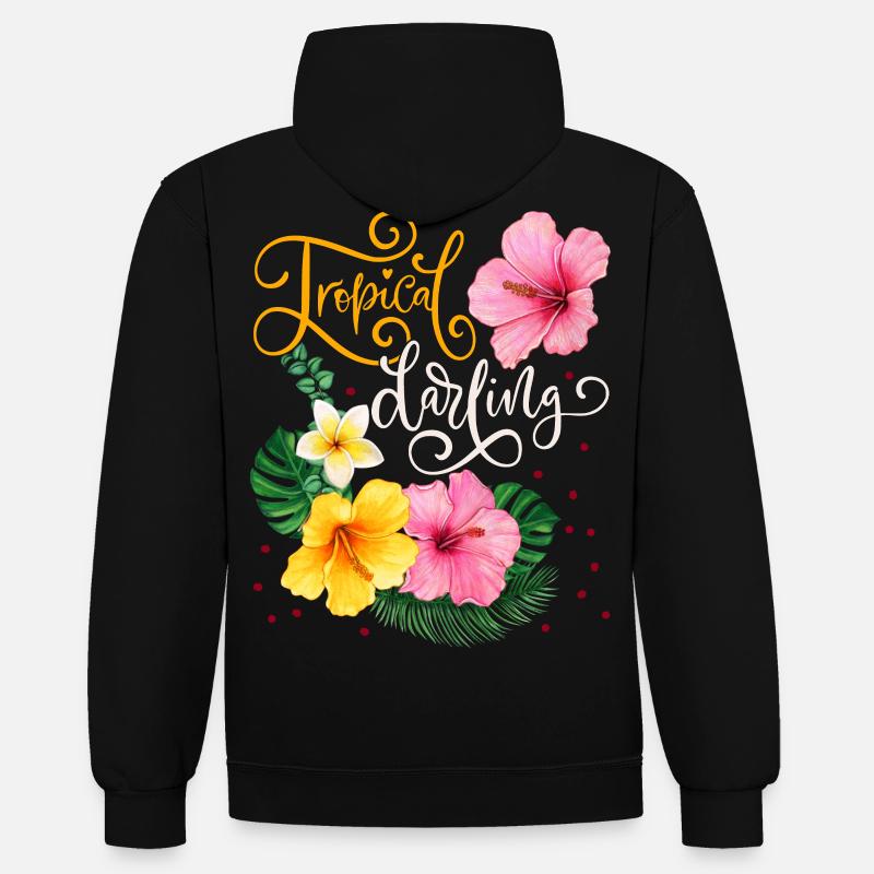 Fleurs tropicales, Tropical Darling, Calligraphie - Sweat à capuche contrasté - noir/gris chiné