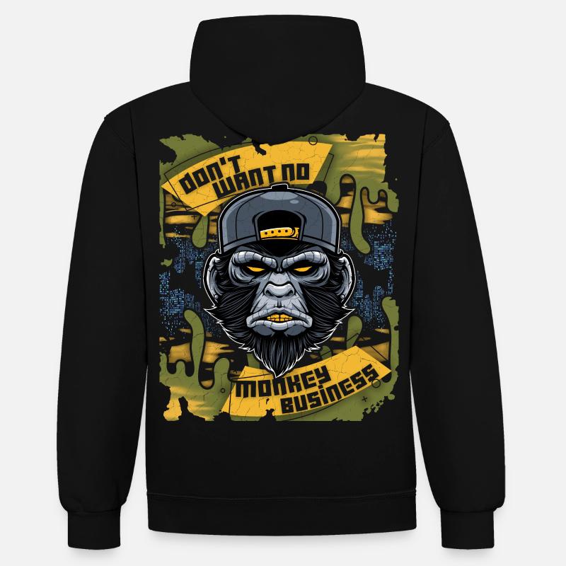 Affe, Monkey-Affe, lustiger Spruch Monkey-Business - Kontrast-Hoodie - Schwarz/Grau meliert
