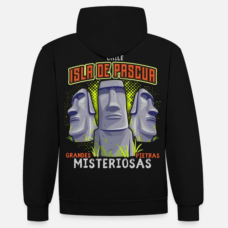 Moai, Têtes de pierre, Île de Pâques Rapa-Nui - Sweat à capuche contrasté - noir/gris chiné