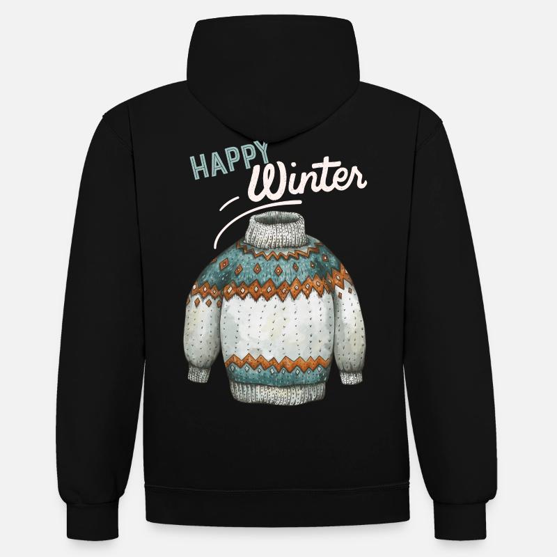 Winter-Design, Strick Pullover Happy-Winter Spruch - Kontrast-Hoodie - Schwarz/Grau meliert