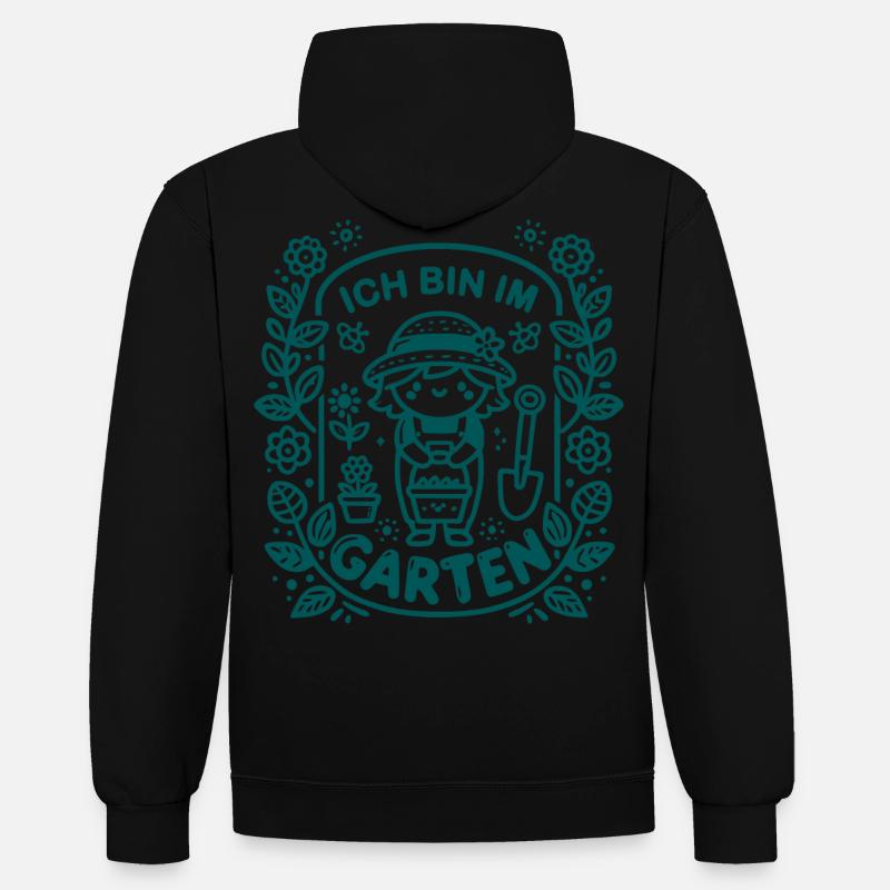 Ich bin im Garten - Kontrast-Hoodie - Schwarz/Grau meliert