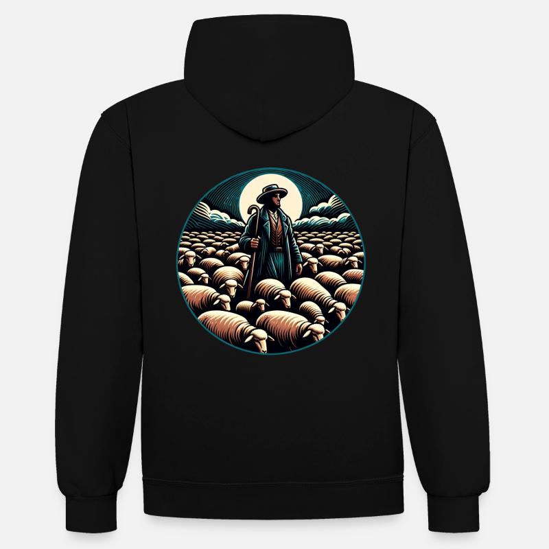 Schäfer und Schafherde - Kontrast-Hoodie - Schwarz/Grau meliert