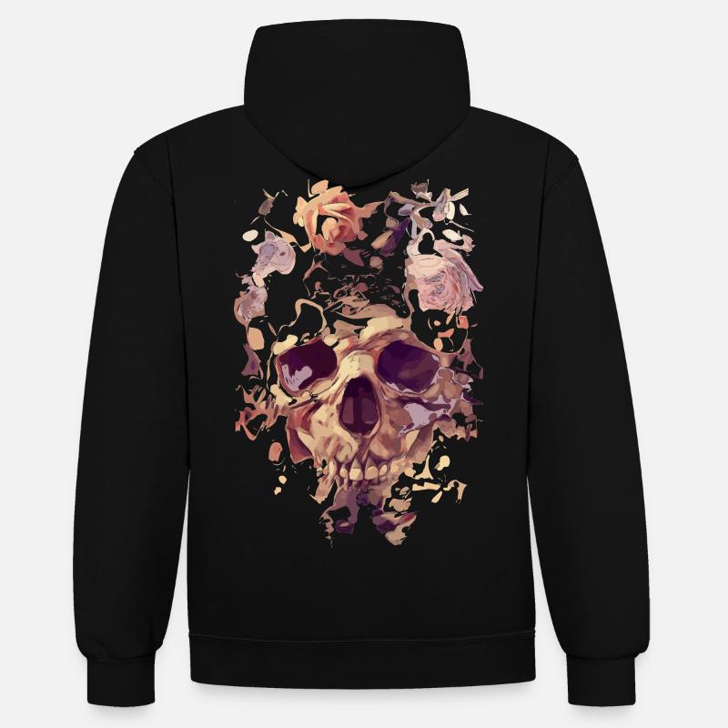 Crâne avec des roses - Sweat à capuche contrasté - noir/gris chiné