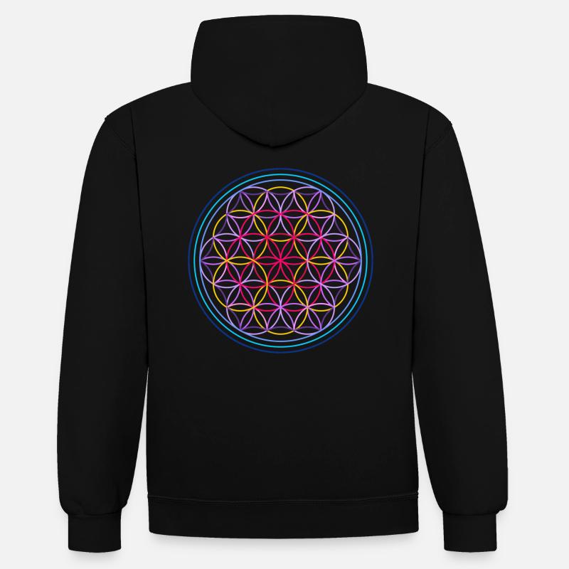 Fleur de vie rouge-bleu - Sweat à capuche contrasté - noir/gris chiné