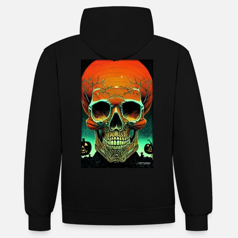Citrouille crâne d’Halloween - Sweat à capuche contrasté - noir/gris chiné