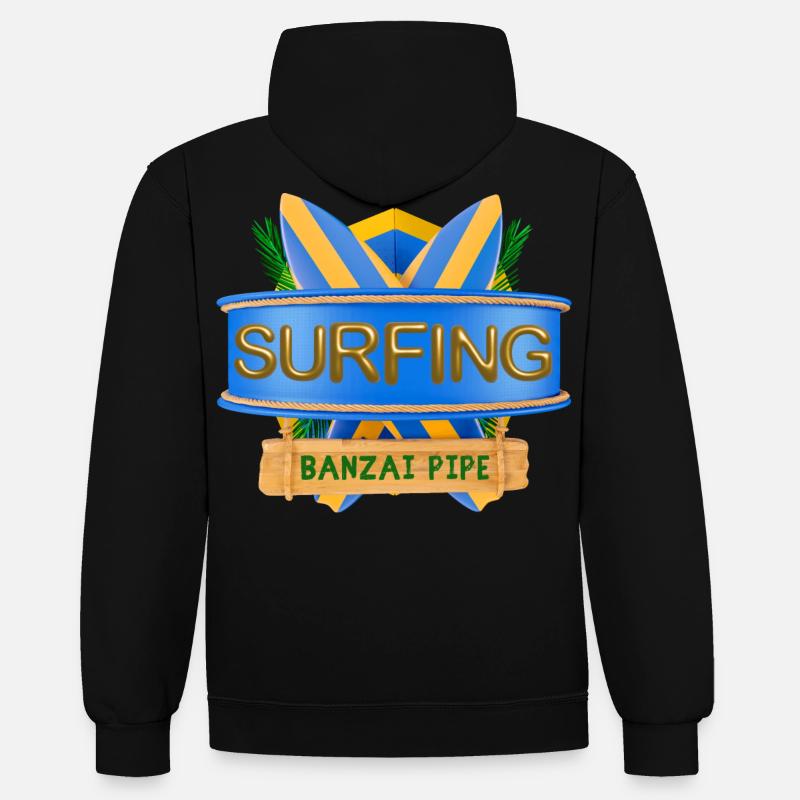 Hawaï, Surf, Banzai Pipeline - Sweat à capuche contrasté - noir/gris chiné