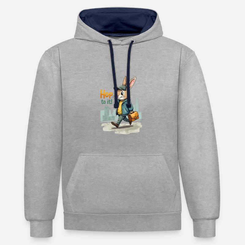 Art élégant du lapin marchant - Sweat à capuche contrasté - gris chiné/bleu marine