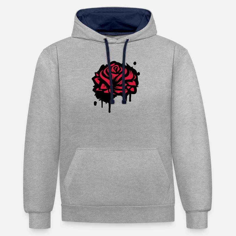 Une rose comme un graffiti - Sweat à capuche contrasté - gris chiné/bleu marine