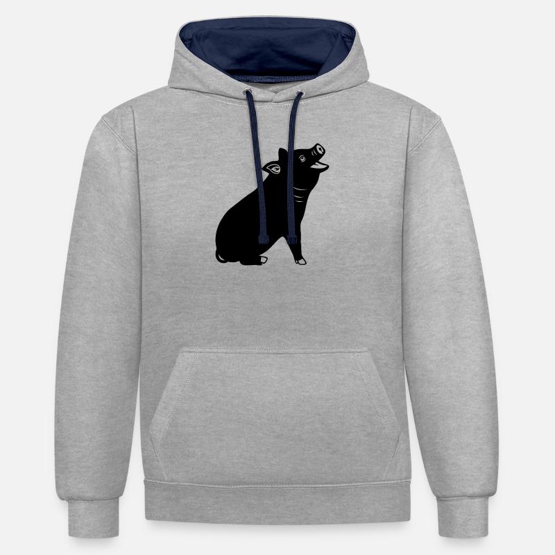 Logo de cochon joyeux Image d’ombre - Sweat à capuche contrasté - gris chiné/bleu marine