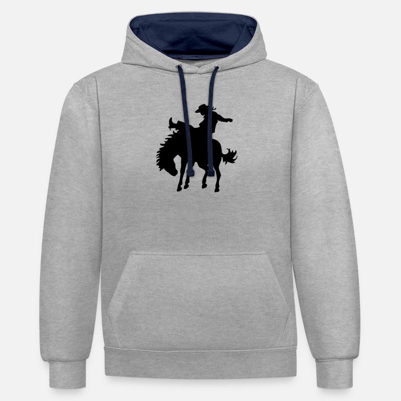 Design avec cow-boy et cheval - Sweat à capuche contrasté - gris chiné/bleu marine