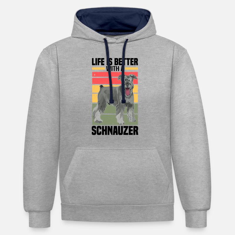 Chien Schnauzer - Sweat à capuche contrasté - gris chiné/bleu marine