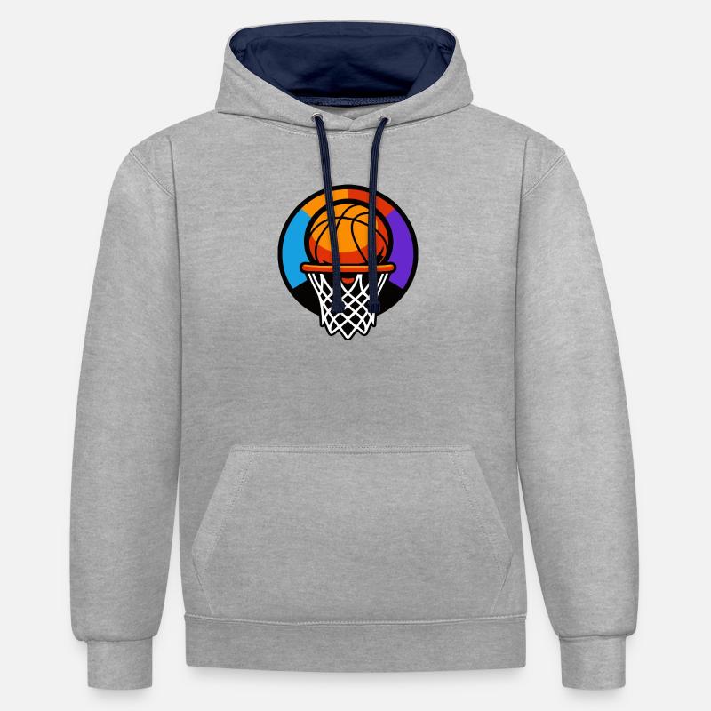 Graphique d’icône ballon de basket-ball - Sweat à capuche contrasté - gris chiné/bleu marine