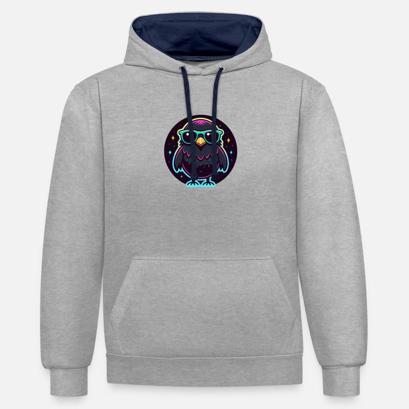 Neonschwarze Eule – auffällige Brille - Kontrast-Hoodie - Grau meliert/Navy
