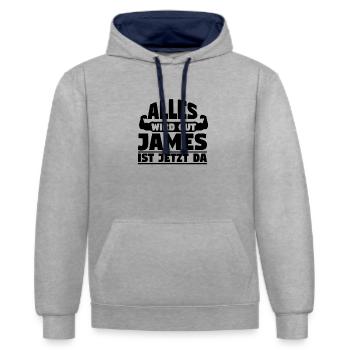 Alles wird gut James ist jetzt da - Kontrast-Hoodie - Grau meliert/Navy - Vorne - Liana (172cm) & Jaron (178cm)