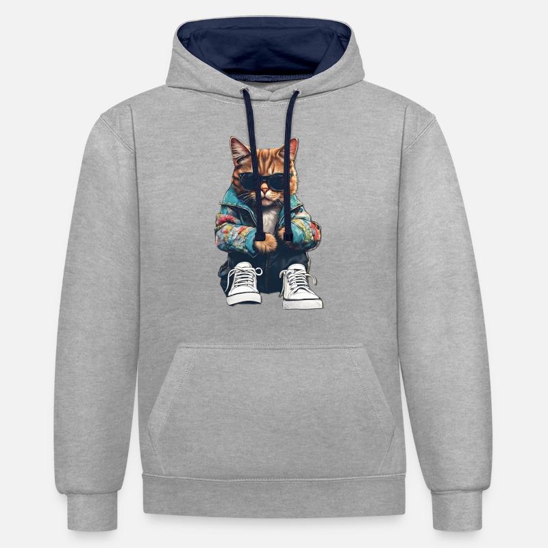 Chat cool - Sweat à capuche contrasté - gris chiné/bleu marine
