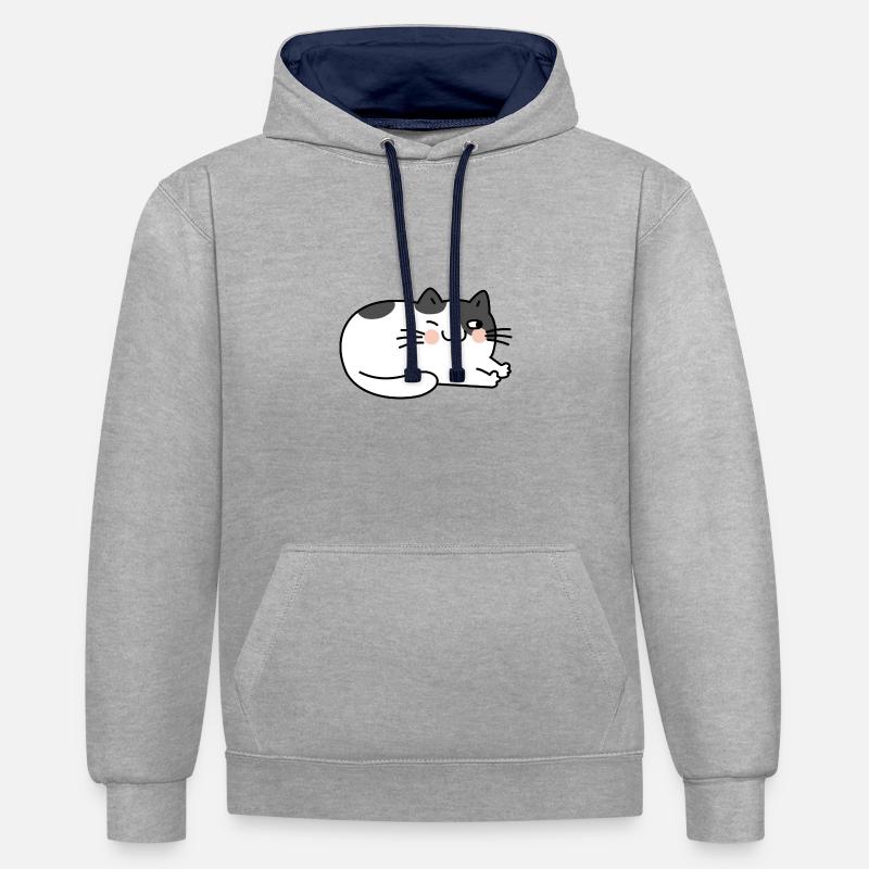 Chat Couché Mignon - Sweat à capuche contrasté - gris chiné/bleu marine