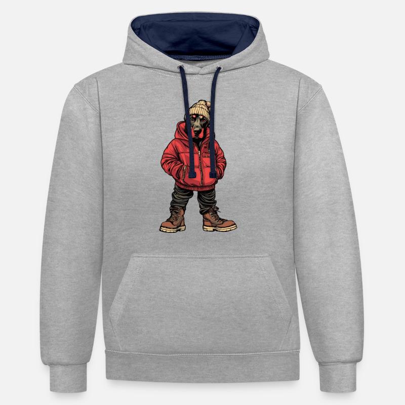 Doberman chien drôle d’hiver - Sweat à capuche contrasté - gris chiné/bleu marine