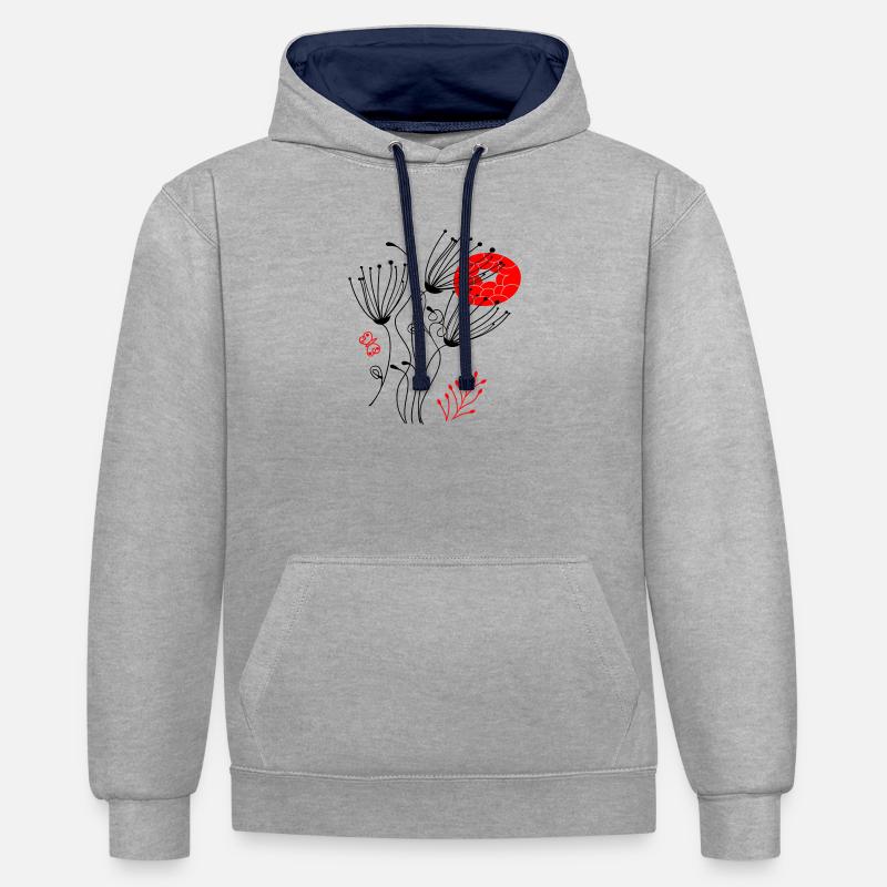 fleurs délicates en filigrane, Fleurs - Sweat à capuche contrasté - gris chiné/bleu marine