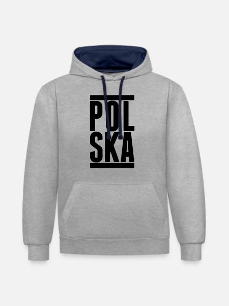 polska - Sweat à capuche contrasté - gris chiné/bleu marine