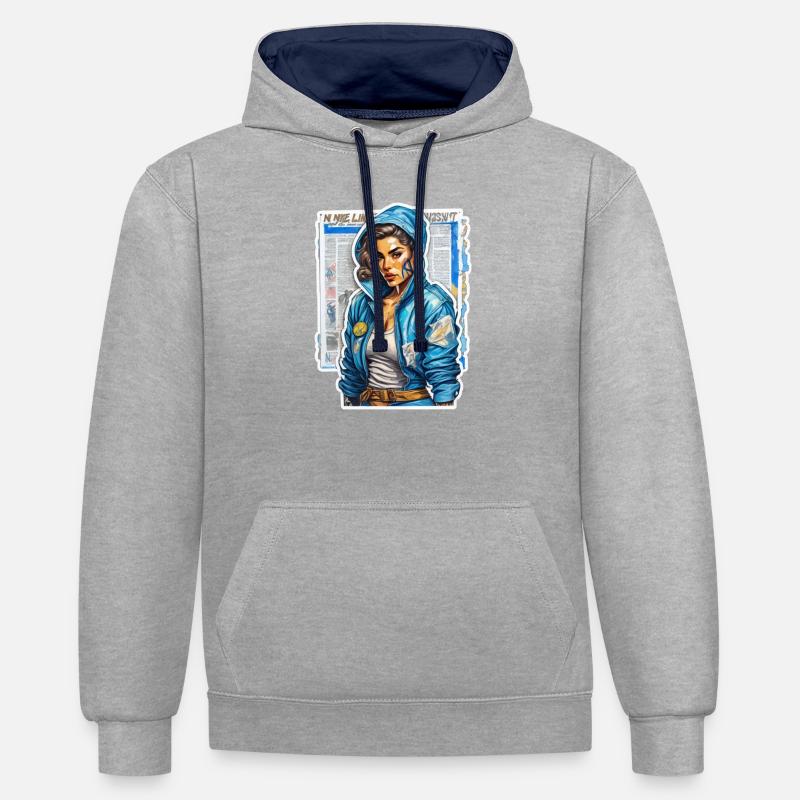Fille cool - Sweat à capuche contrasté - gris chiné/bleu marine
