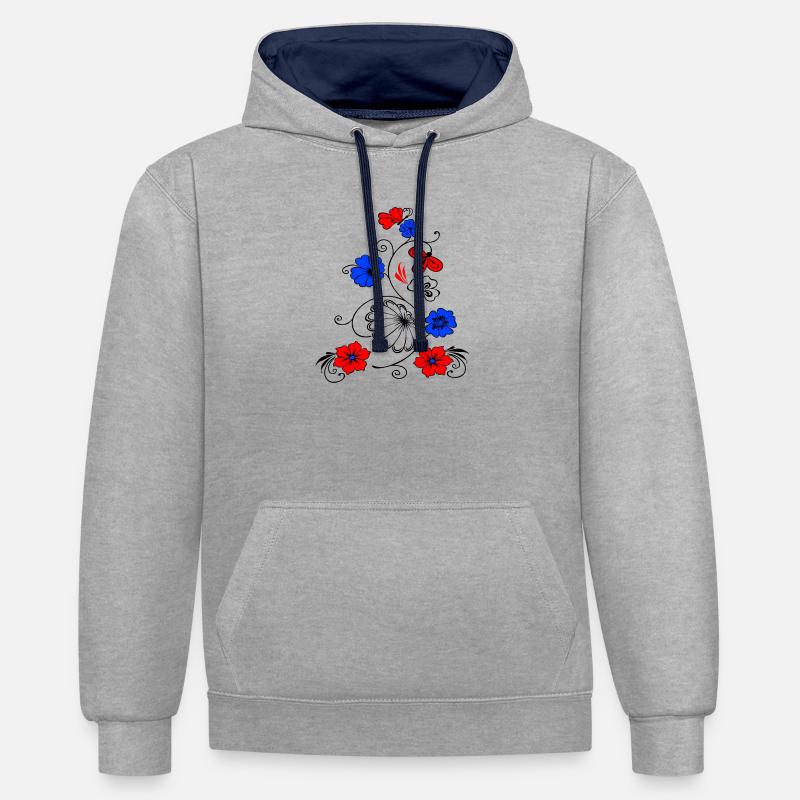 Fleur vigne avec papillon - Sweat à capuche contrasté - gris chiné/bleu marine