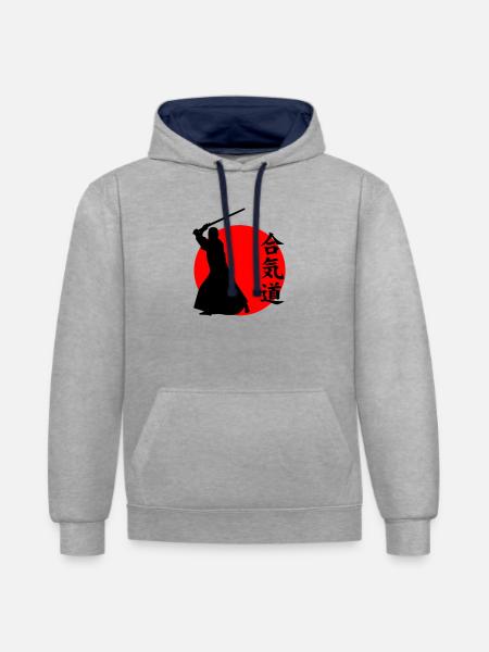 Aïkido - Sweat à capuche contrasté - gris chiné/bleu marine
