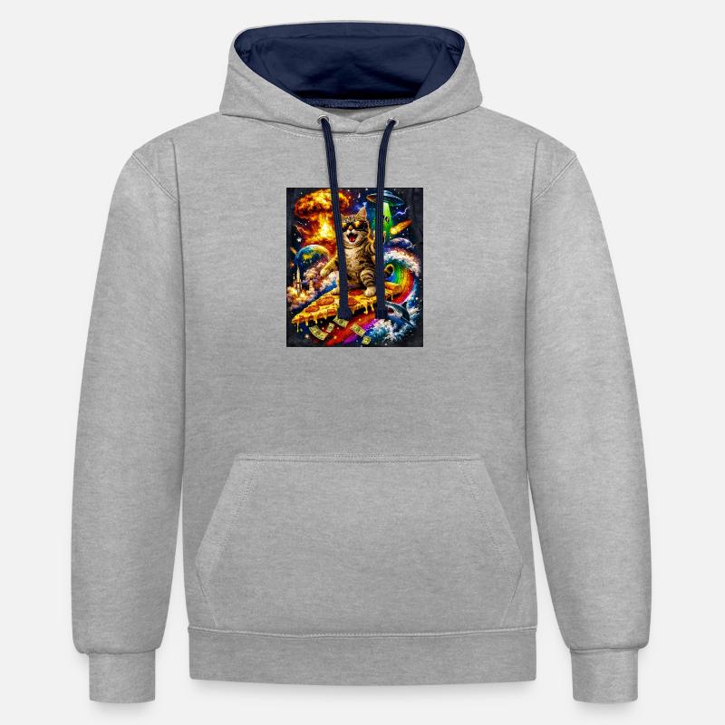 Chat de l’espace sur la pizza - Sweat à capuche contrasté - gris chiné/bleu marine