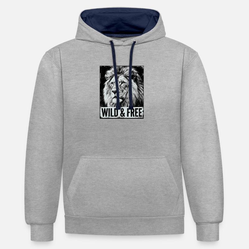 Lion sauvage et libre - Sweat à capuche contrasté - gris chiné/bleu marine