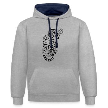 chinesischer Tiger Illustration - Kontrast-Hoodie - Grau meliert/Navy - Vorne - Liana (172cm) & Jaron (178cm)