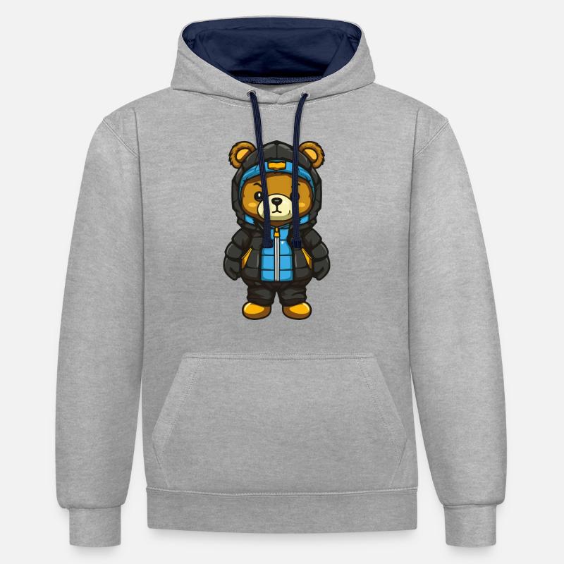 Bande dessinée ours - Sweat à capuche contrasté - gris chiné/bleu marine