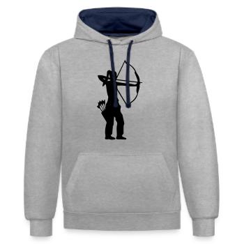Bogenschützin mit Pfeilköcher Bogenschießen - Kontrast-Hoodie - Grau meliert/Navy - Vorne - Liana (172cm) & Jaron (178cm)