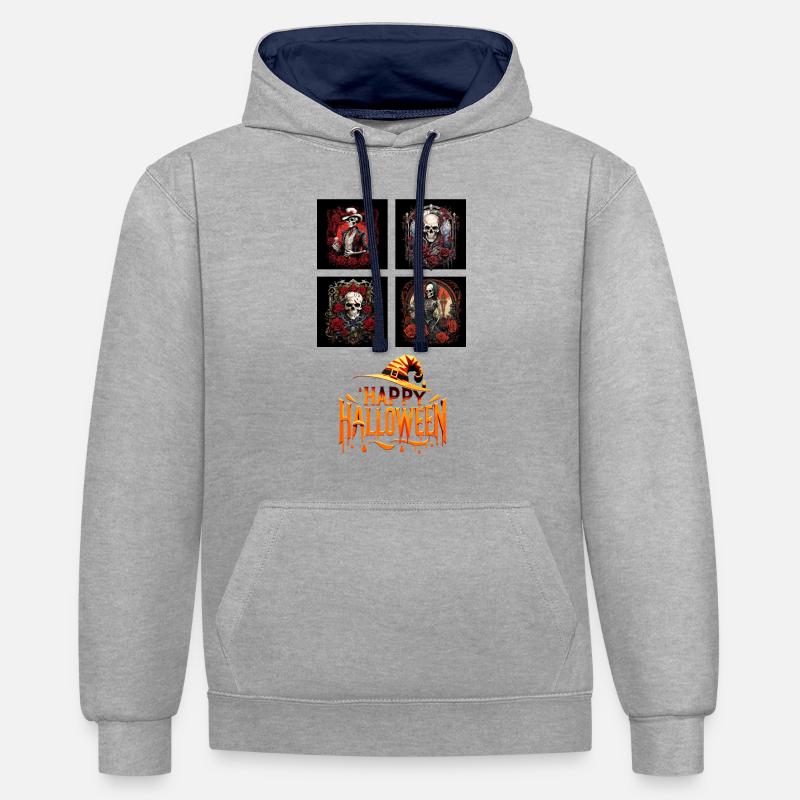 Ensemble squelette rétro Halloween - Sweat à capuche contrasté - gris chiné/bleu marine