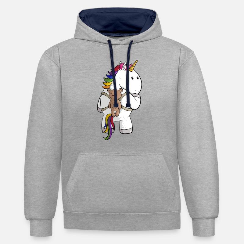Comic Einhorn mit Rucksack - Kontrast-Hoodie - Grau meliert/Navy